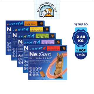  NexGard SPECTRA  1 viên  -viên nhai vị thịt bò phòng & trị ve rận bọ chét ghẻ Giun sán Giun Tim 