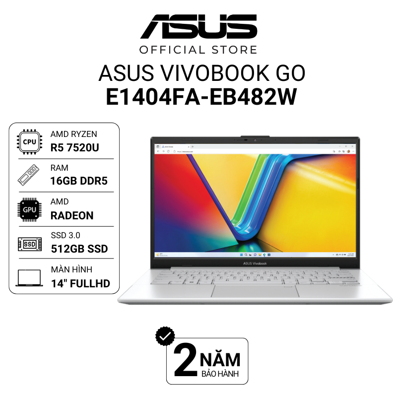 Laptop Asus Vivobook Go 14 E1404FA-EB482W Ryzen 5 7520U | 16GB | 512GB | Radeon | 14" FHD Win 11 Bạc