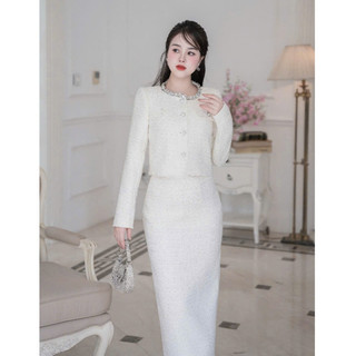  Set đồ nữ sang chảnh tiểu thư áo khoác dạ cổ tròn đính kimsa dài tay dáng ngắn phối chân váy dáng A dài LEVAN Jennies 