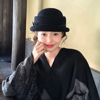  Mũ vành tròn dạ lông nỉ đa tầng kèm dây nơ da cho nữ phong cách quý cô sang chảnh tiểu thư mùa thu đông MD1 