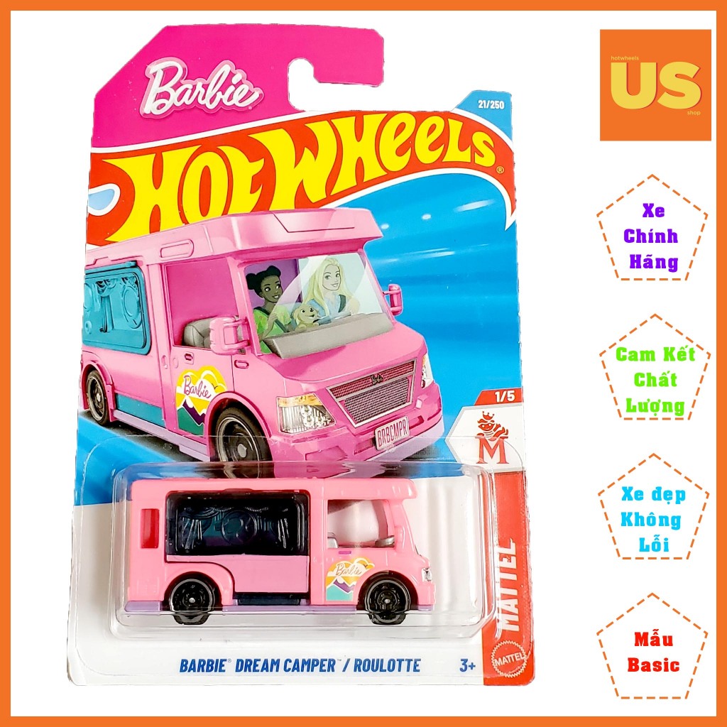 (Quà Tặng Sinh Nhật Bạn Gái) Xe Mô Hình Hot Wheels Barbie Dream Camper Hồng Cute Chính Hãng