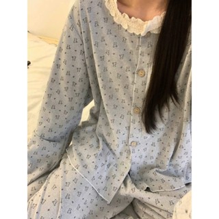  Bộ đồ ngủ nữ dài tay cotton pha nỉ dày dặn cổ phối ren dày dặn thu đông thời trang phong cách Hàn 084 