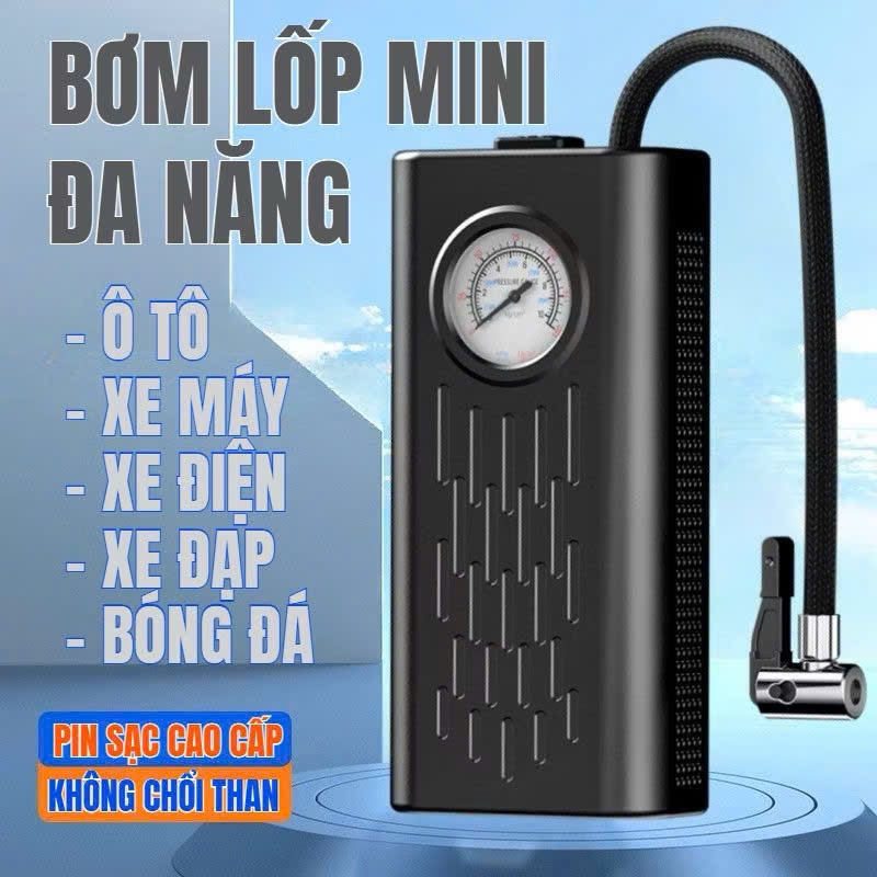 Bơm lốp mini di động dùng pin sạc cao cấp dùng cho Ô tô, Xe đạp, Xe máy, Xe điện, Bóng đá.Bảo hành 12 tháng.