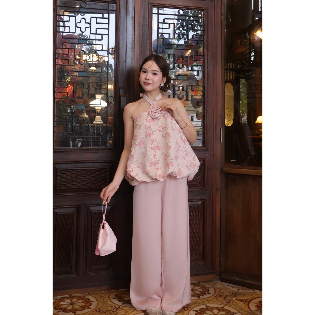 Set yếm buộc cổ đính hoa kèm quần lụa lưng chun Ảnh thật/Sẵn