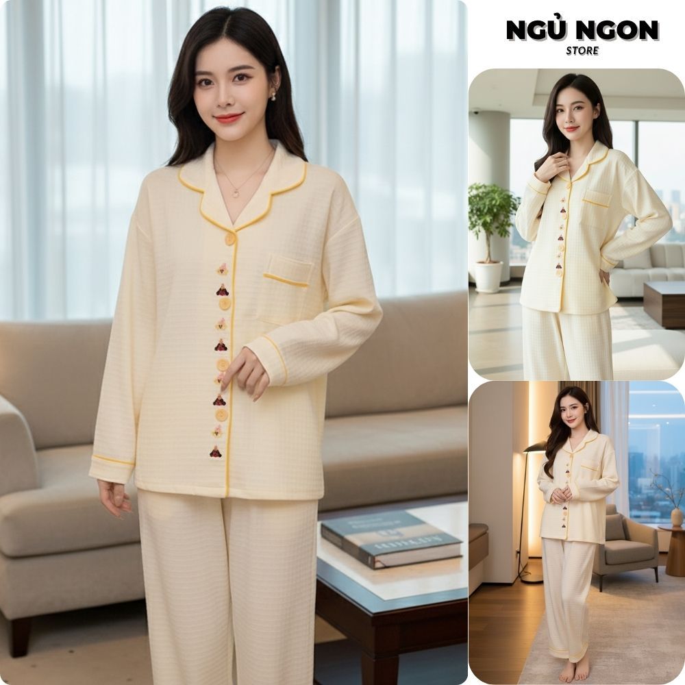 Bộ Đồ Ngủ Nữ Dài Tay Vải Bông Giả NGỦ NGON STORE – Thâm Hút Tốt, Viền Vàng Sang Trọng, Cúc Hoa Dễ Th