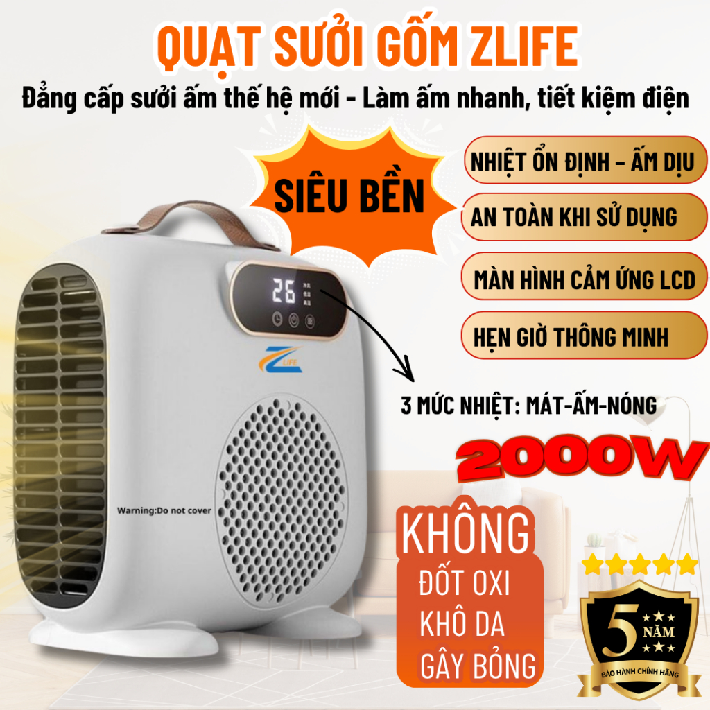 Máy Sưởi Phòng Ngủ Zlife, Quạt Sưởi Gôm 2 Chiều 2000W Làm Ấm Tức Thì, An Toàn Cho Bé & Người Già