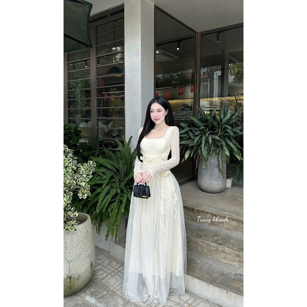 Đầm váy nữ trễ vai dài tay dáng maxi thiết kế NINA LE TỰ MAY LẠI, Váy trễ vai dài tay be kem lyn
