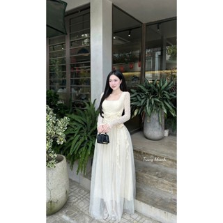  Đầm váy nữ trễ vai dài tay dáng maxi thiết kế NINA LE TỰ MAY LẠI Váy trễ vai dài tay be kem lyn 