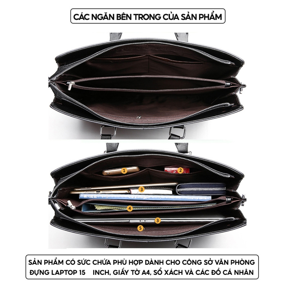 Cặp da nam công sở, văn phòng, giáo viên, giám đốc đựng máy tính laptop giầy tờ tài liệu A4,da PU/Vải chống nước