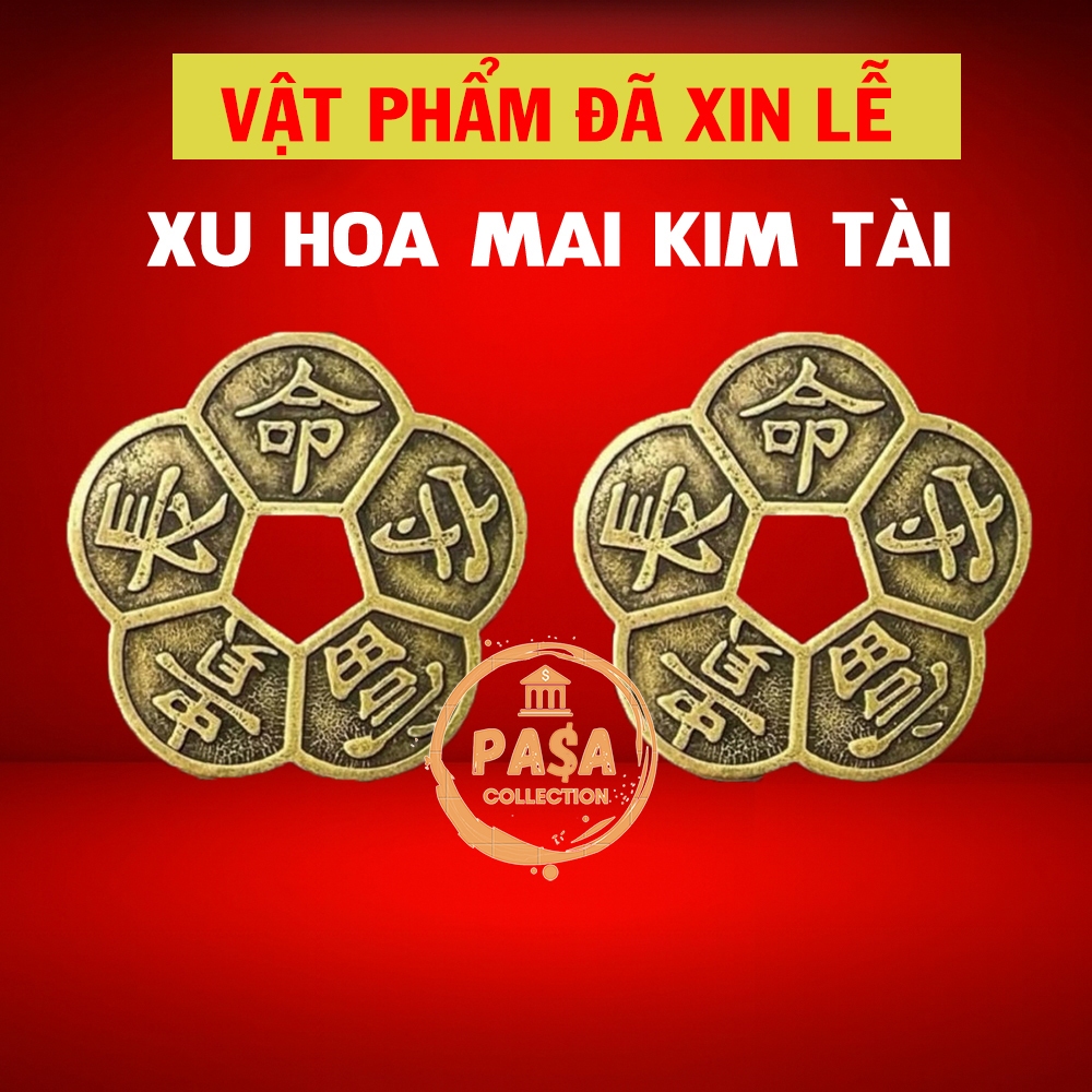 (LOẠI DÀY ĐẸP) Đồng Xu Hoa Mai Phong Thuỷ Tài Lộc May Mắn, 5 Cánh Cổ, để bóp ví,két sắt