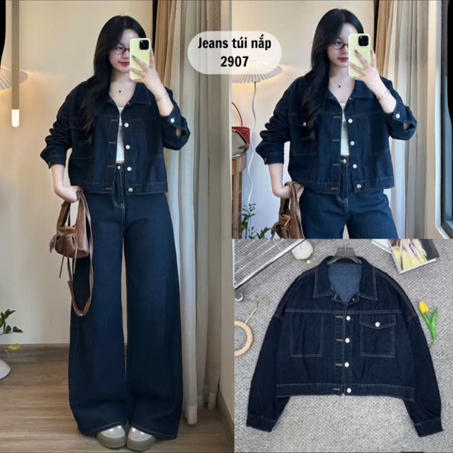 Aó khoác bò nữ màu xanh than chất vải mềm mại dáng lửng áo khoác nữ croptop freesize phong cách hàn 