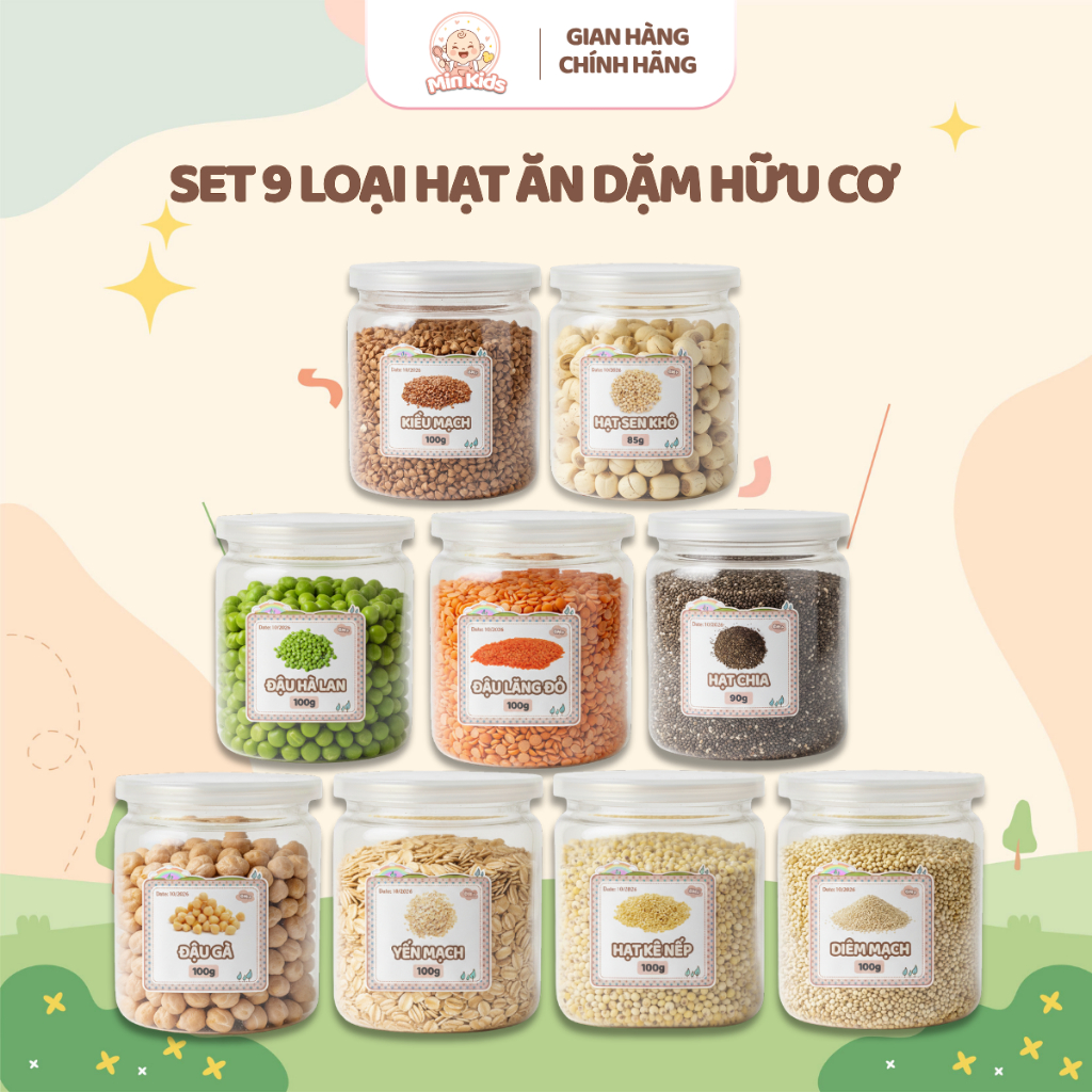 Combo Set 9 Hạt Ăn Dặm Hữu Cơ Dinh Dưỡng Nấu Cháo Cho Bé, Combo 9 Loại Hạt, Set Hạt Ăn Dặm Hũ 100g