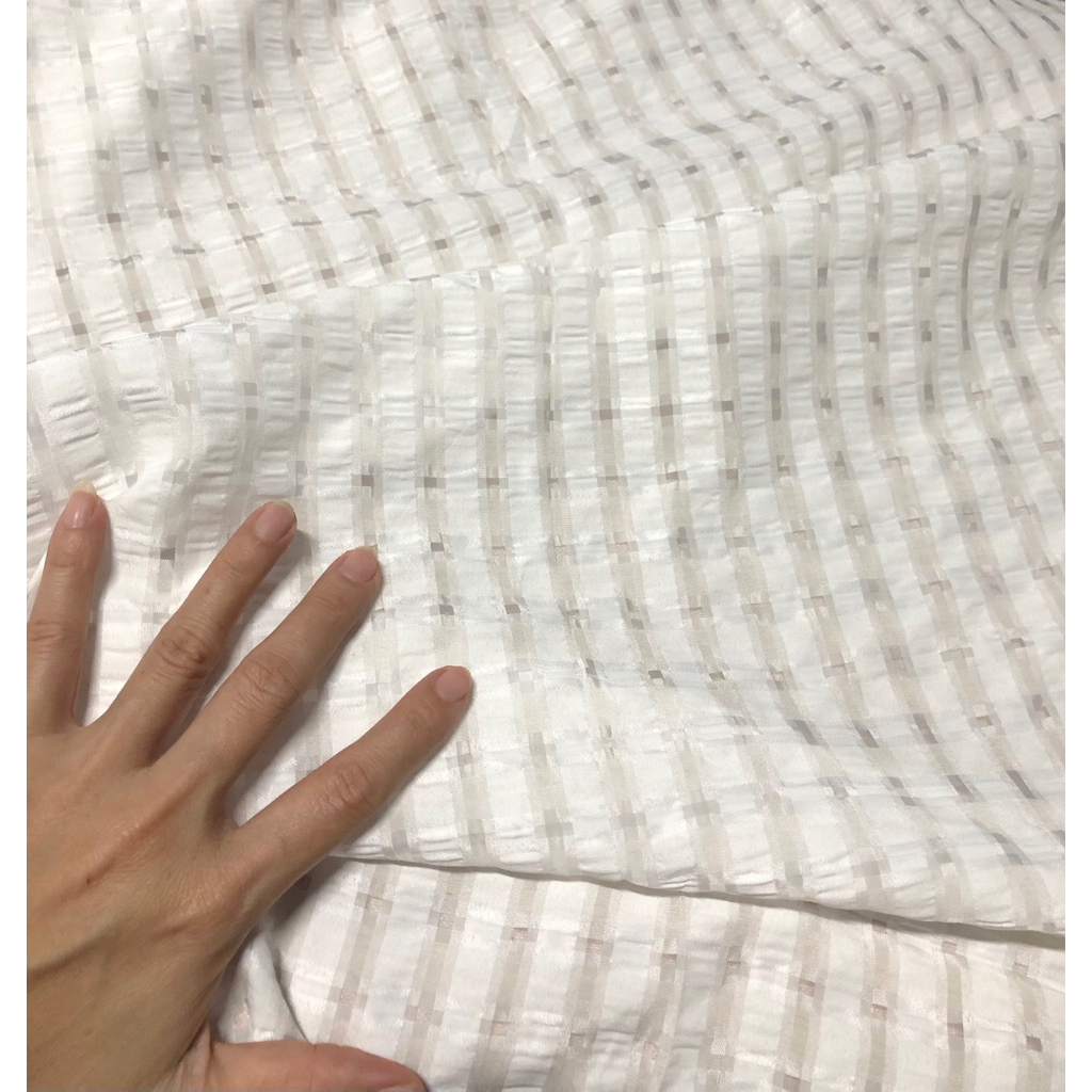 MS332 - Vải Kate thô kẻ sọc Karo màu trắng ngà, không co dãn