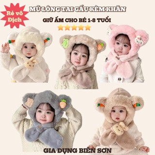  M90 Mũ Len Trùm Đầu Lông Thỏ Kèm Khăn Quàng Đính Gấu Bông Cao Cấp Nón Len Liền Khăn Giữ Ấm Mùa Đông Cho Bé 2-10 tuổi 