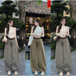   Tặng Kèm Đai Ngẫu Nhiên  Quần ống rộng nữ cạp cao form suông 2 màu - Chất vải dày dặn dễ phối đồ phong cách Hàn Quốc 
