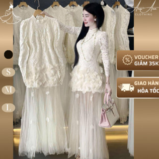  Ann Ann Clothing- Váy ren trắng dài phối lưới Đầm ren tay dài đính hoa phối lưới dáng xoè đi tiệc đi cưới sang trọng 