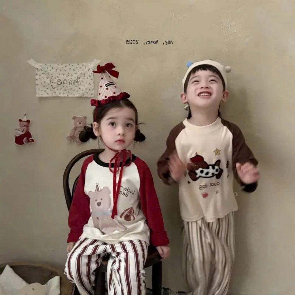 Bộ quần áo HEY HONEY dài tay thu đông cho bé HK KIDS, bộ ngủ HEY HONEY Quảng Châu form rộng size 2-1