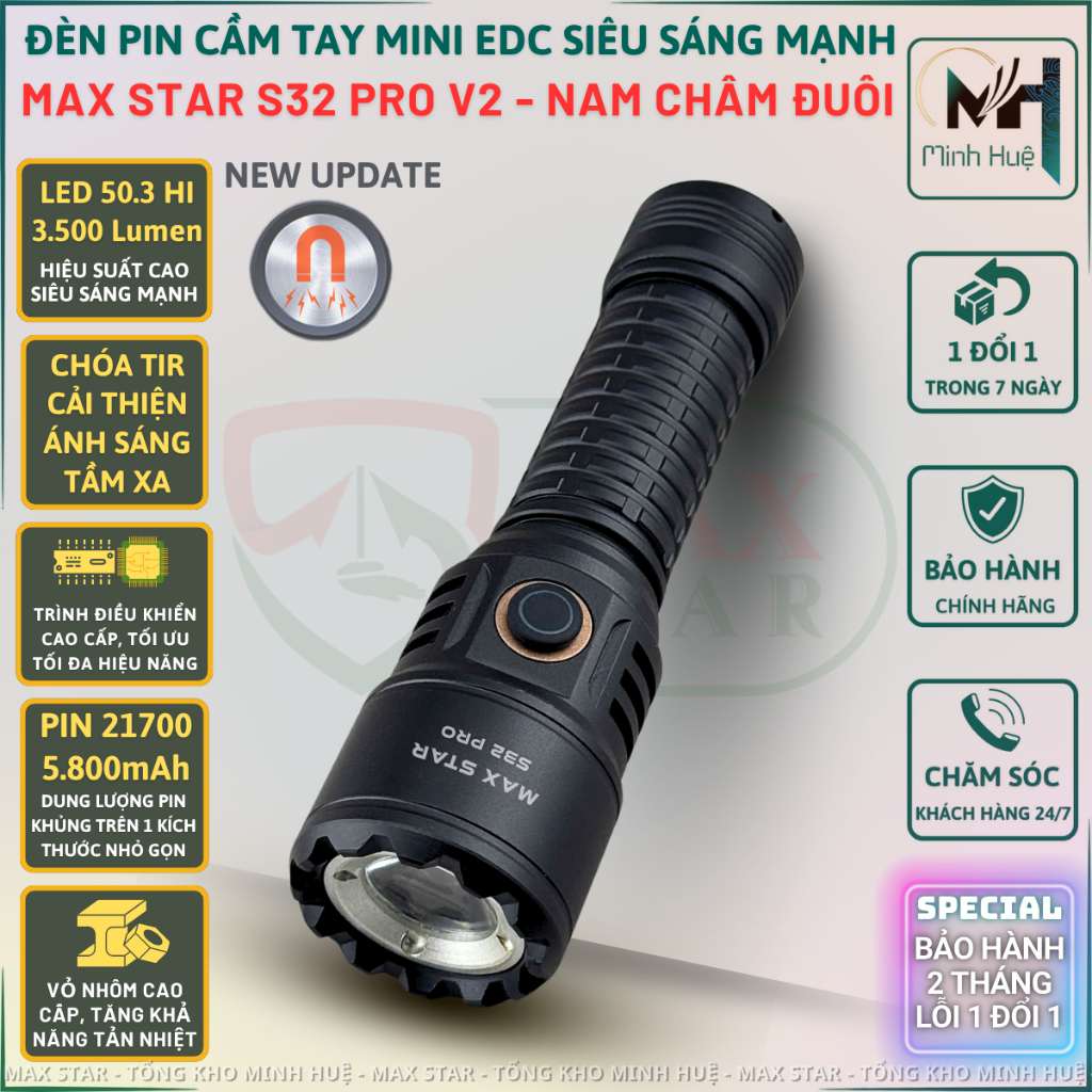 Đèn pin cầm tay mini siêu sáng mạnh MAX STAR S32 PRO 3200lumen pin 21700 dung lượng cao 5800mAh sạc 