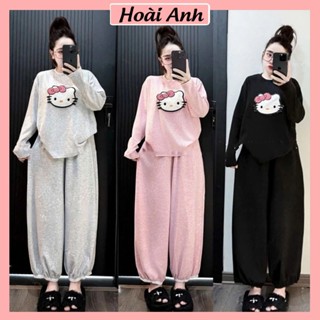  Set Bộ Đồ Nữ Len Tăm Lông Thỏ Áo Dài Tay Thêu Mèo Hello Kitty Lông Nổi Mix Quần Dài Jogger Ống Rộng Viền Gấu Ren 