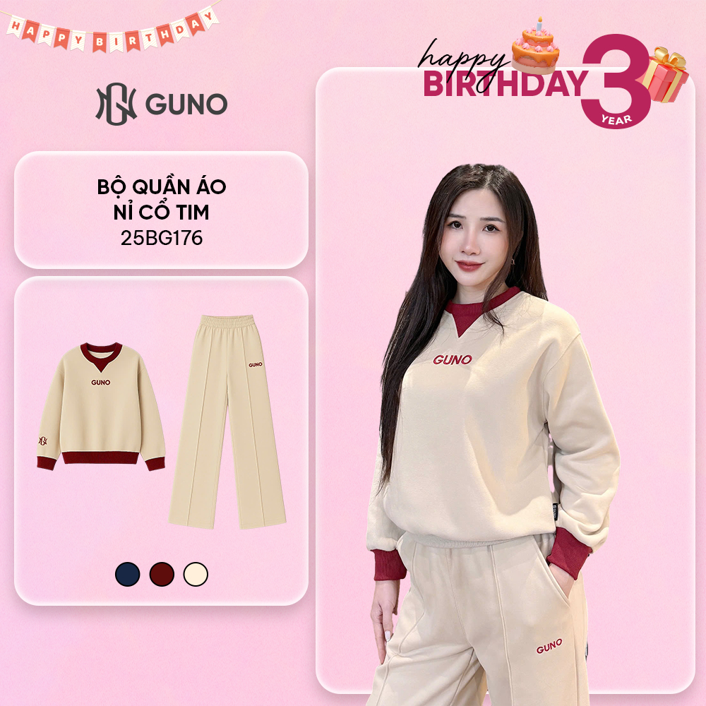  Bộ Quần Áo Nỉ Nữ GUNO Cao Cấp Cổ Tim Logo Thêu Tay Kèm Quần Suông Phối Sọc Gân Hack Dáng SP5 25BG176 