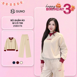  Bộ Quần Áo Nỉ Nữ GUNO Cao Cấp Cổ Tim Logo Thêu Tay Kèm Quần Suông Phối Sọc Gân Hack Dáng SP5 25BG176 