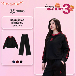  Bộ Quần Áo Nỉ Nữ GUNO Thêu Nơ Cao Cấp Cổ Tròn Phối Viền Kèm Quần Suông Sọc Gân Hack Dáng SP5 25BG164 
