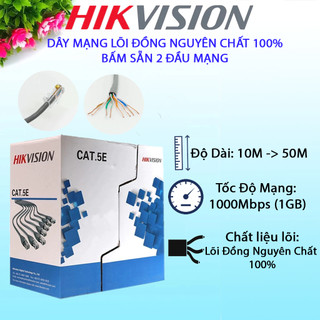  Dây Mạng Cat5e Hikvision Bấm Sẵn 10m - 50m - Tốc Độ Cao 1Gbps Lõi Đồng Nguyên Chất 100% Dùng Trong Nhà Và Ngoài Trời 