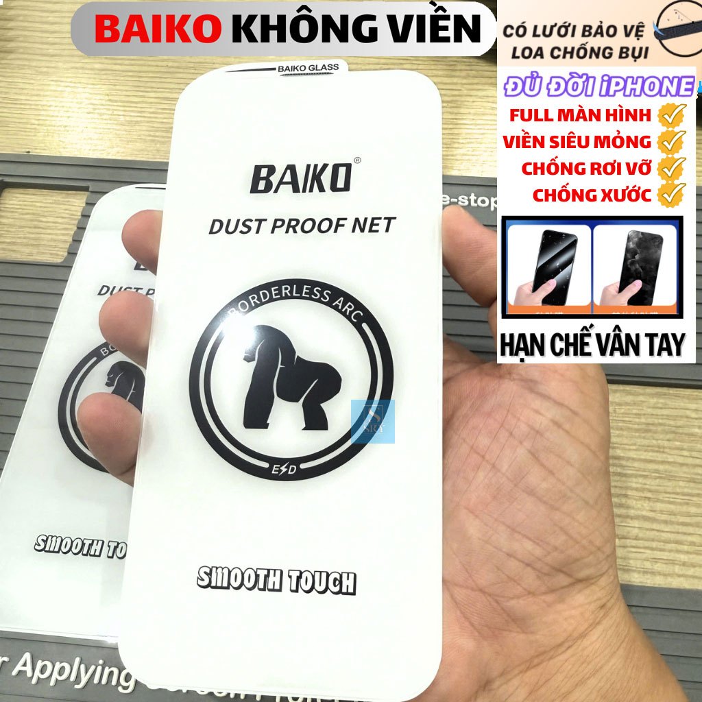 Kính cường lực iphone Baiko không viền Full màn hình cho ip 16 ProMax 17 ProMax 15 14 13 12 11 Pro M