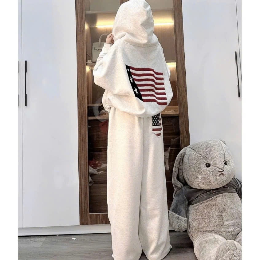 [Bộ Trang Phục Đẹp] - Bộ Khoác Nỉ Cờ Mỹ Thiết Kế Rộng❤ Set Áo Hoodie và Quần Ống Suông Chất Nỉ Dày Dặn Phong Cách