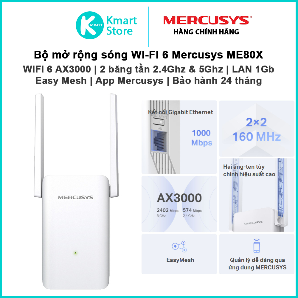 Bộ kích sóng Mercusys ME80X | WIFI 6 AX3000 | Băng tần kép 2.4 & 5.0GHz | LAN 1Gb | App Mercusys | B