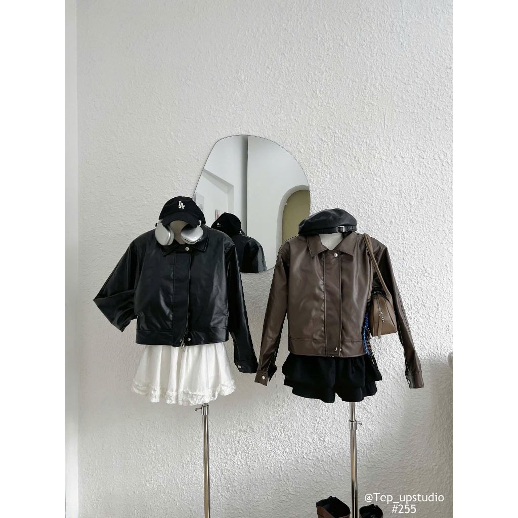 HUYN STUDIO - Áo Khoác Da Nữ Dáng Ngắn Basic 2 Màu Dễ Phối, Áo Da Không Bong Trend 2025