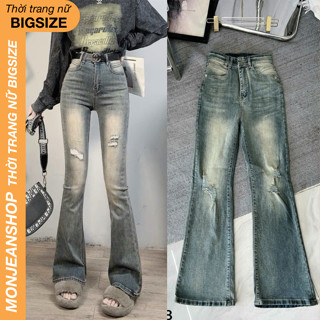  Quần Jean Nữ Ống Loe Bigsize Lưng Cao Phối Rách Chất Co Giãn Tốt Quần Ống Loe Nữ Bigsize Ms338 