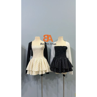 Đ-77. Đầm ống Kèm BÔNG nhún thun 2 tầng có quần Trong hoạ tiết chấm bi