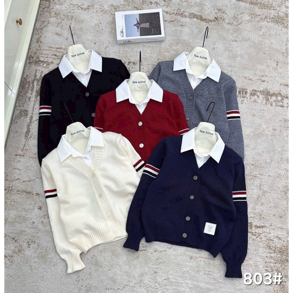 [AK103] Áo khoác len cardigan phối cổ sơ mi trắng dáng lửng tay sọc