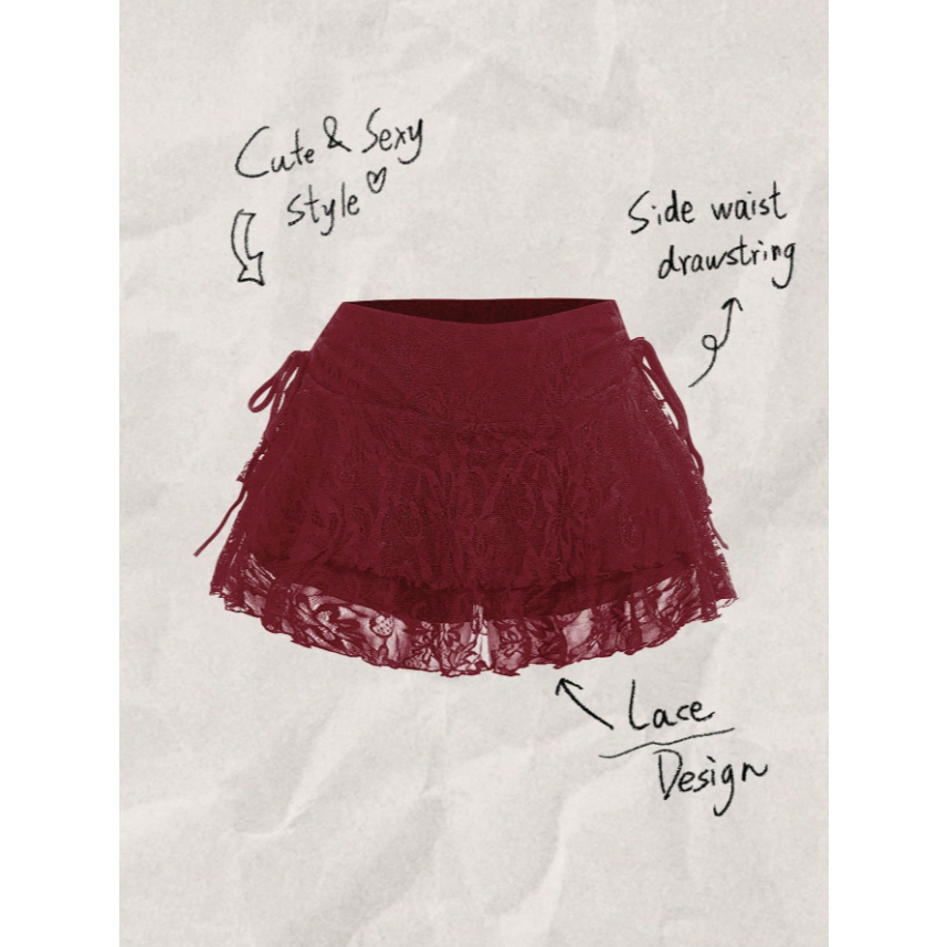 L&M| Casual Low Waist Drawstring Bow Lace Fabric Double Layer Cake Skirt