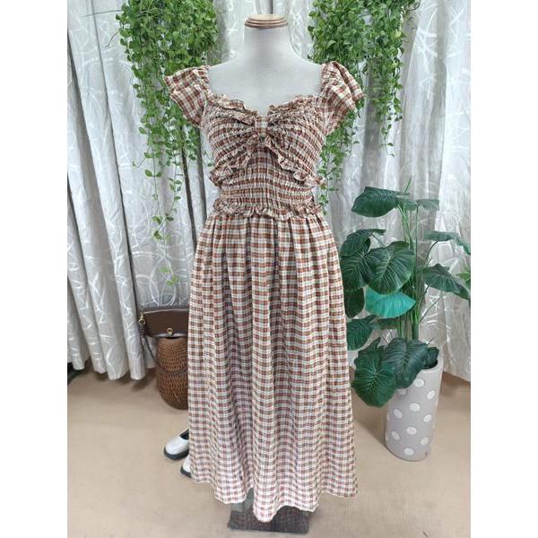 LA DIOSA thanh lý - Đầm caro xếp li chun tay cộc bymo - Size L
