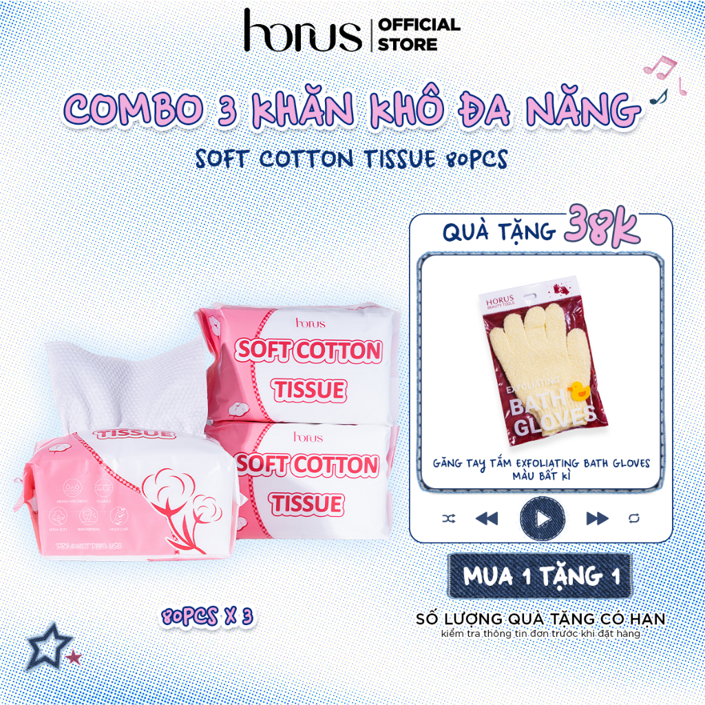 [ĐỘC QUYỀN] Combo 3 gói Horus Khăn khô đa năng Soft Cotton Tissue 80pcs