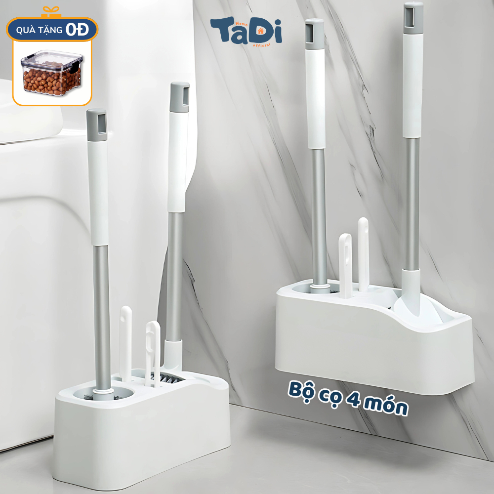 Bộ Cọ Bồn Cầu 4 món TADI, Cọ Nhà Vệ Sinh, Cây Chà Toilet Tích Hợp Kẹp Rác Đa Năng, Kèm Hộp Đựng Dán Tường Tiện Lợi