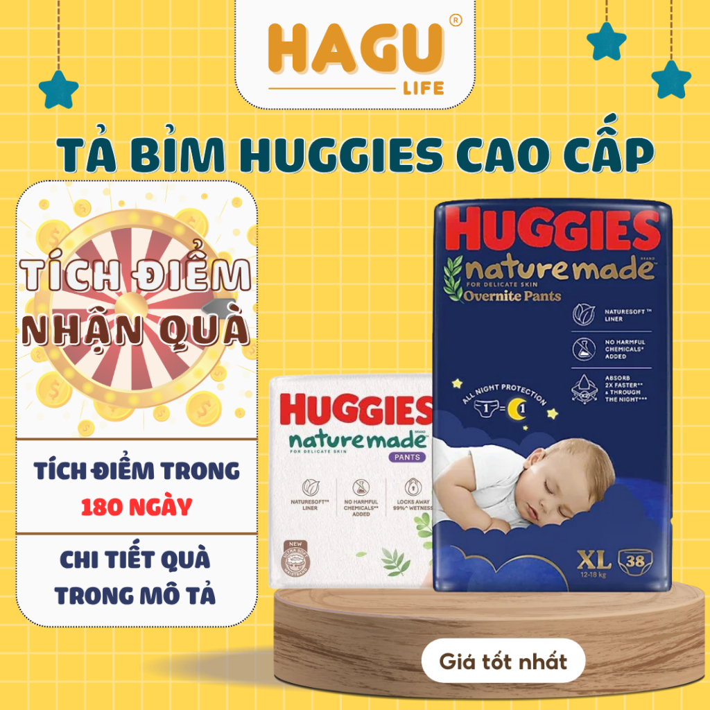 Bỉm tã dán/quần Huggies Nature Made Size NB60/S82/M64/L54/XL44/XXL26