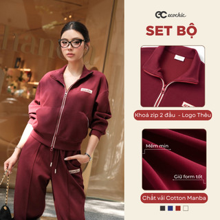  Set Bộ Dài Ecochic Áo Polo Cổ Bẻ Zip 2 Chiều Quần Ông Suông Dây Chun Đỏ Chất Liệu Cao Cấp Chính Hãng B182 