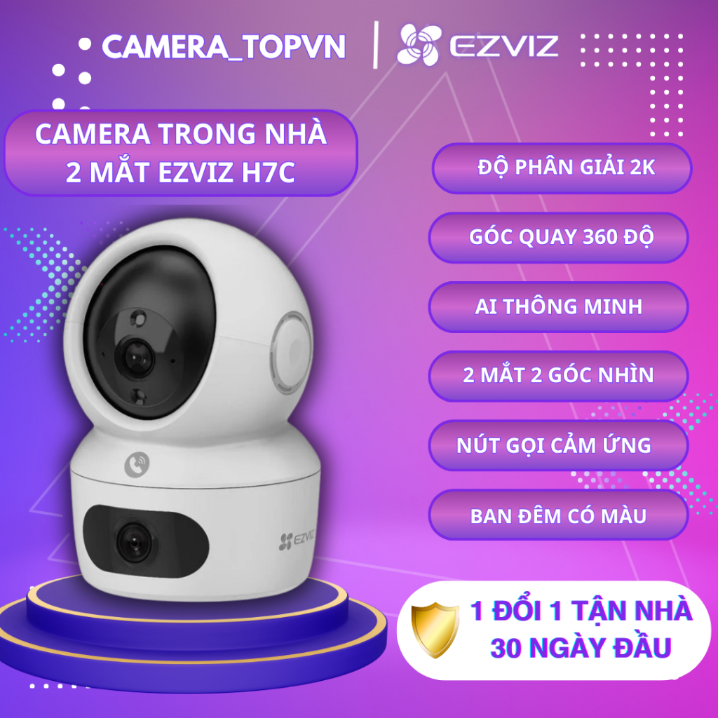 Camera Ezviz H7C, camera  trong nhà 2 mắt, xoay 360 theo chuyển động, cảnh báo còi hú, báo động về đ