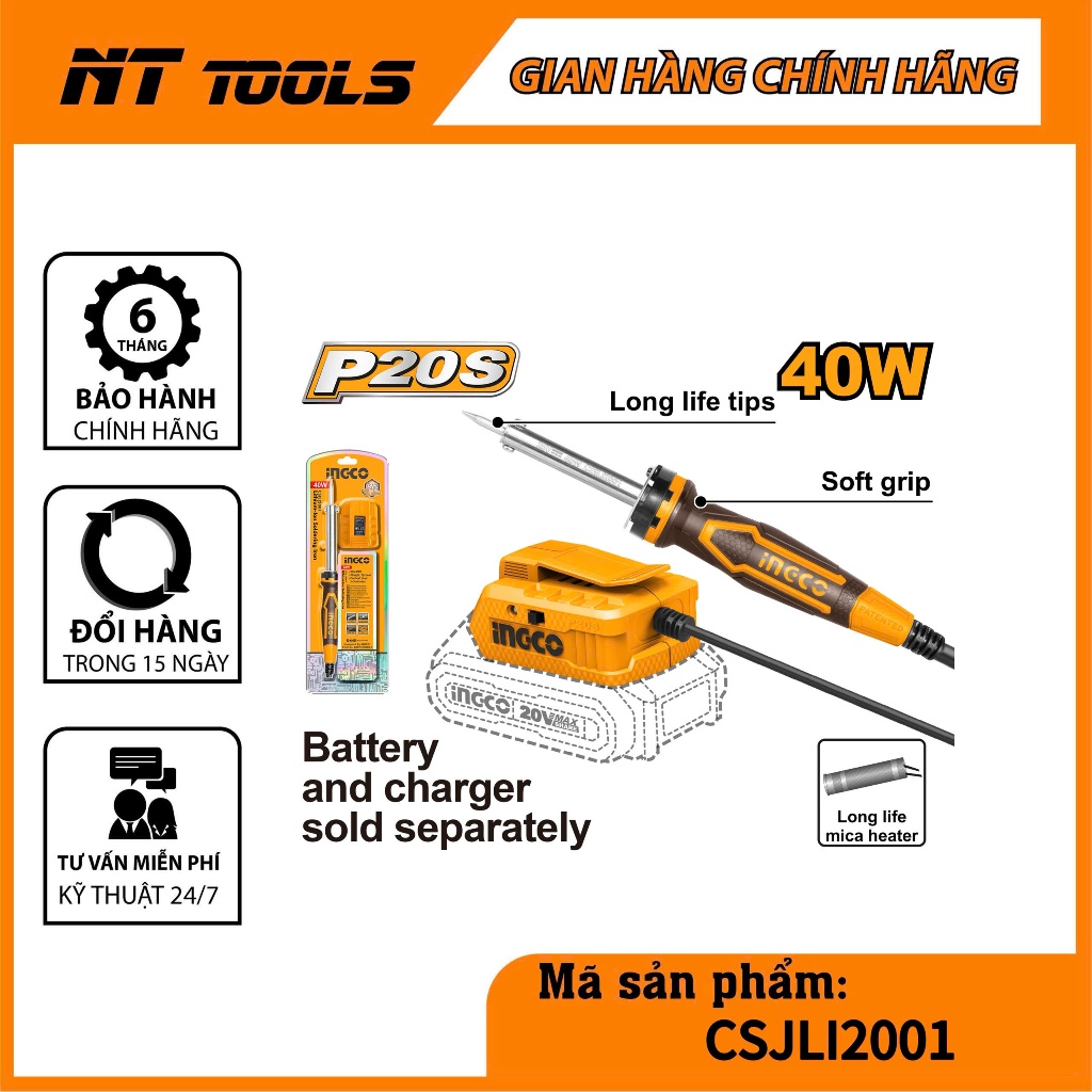 Mỏ hàn chì dùng pin Lithium-Ion 20V-40 INGCO CSILI2001 hàng chính hãng (không kềm theo pin sạc)