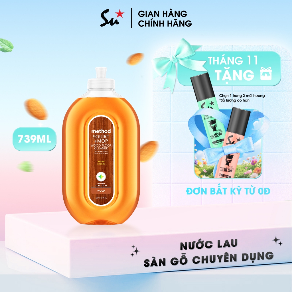 Nước Lau Sàn Gỗ Chuyên Dụng Method Squirt + Mop Wood Floor Cleaner, tinh dầu hạnh nhân, 739ml