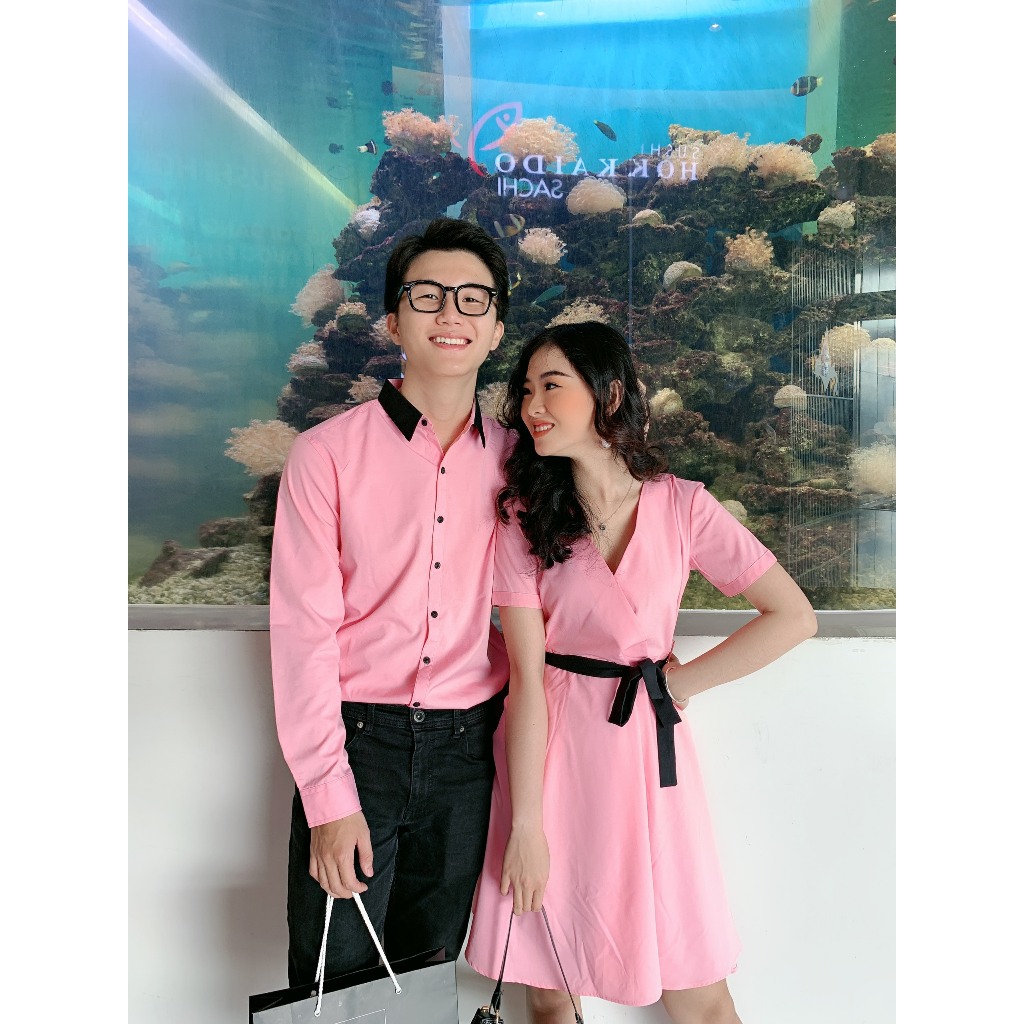 Set Sơ Mi Váy Fig Tree Màu Hồng Phối Cổ Đen Siêu Ngọt Ngào Cho Couple Chụp Hình Cưới, Đi Tiệc