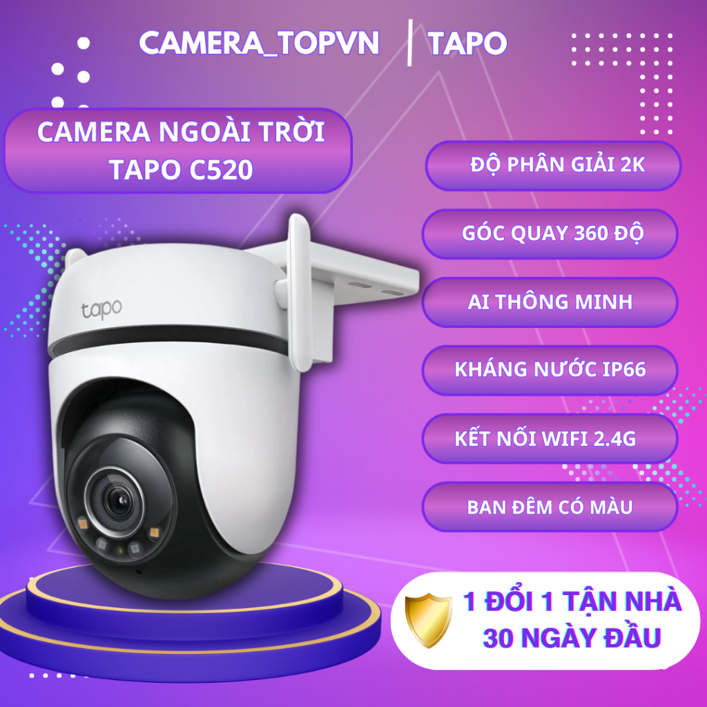 Camera Tapo C520WS, độ phân giải 2K-, xoay 360 độ, đàm thoại 2 chiều, chống nước