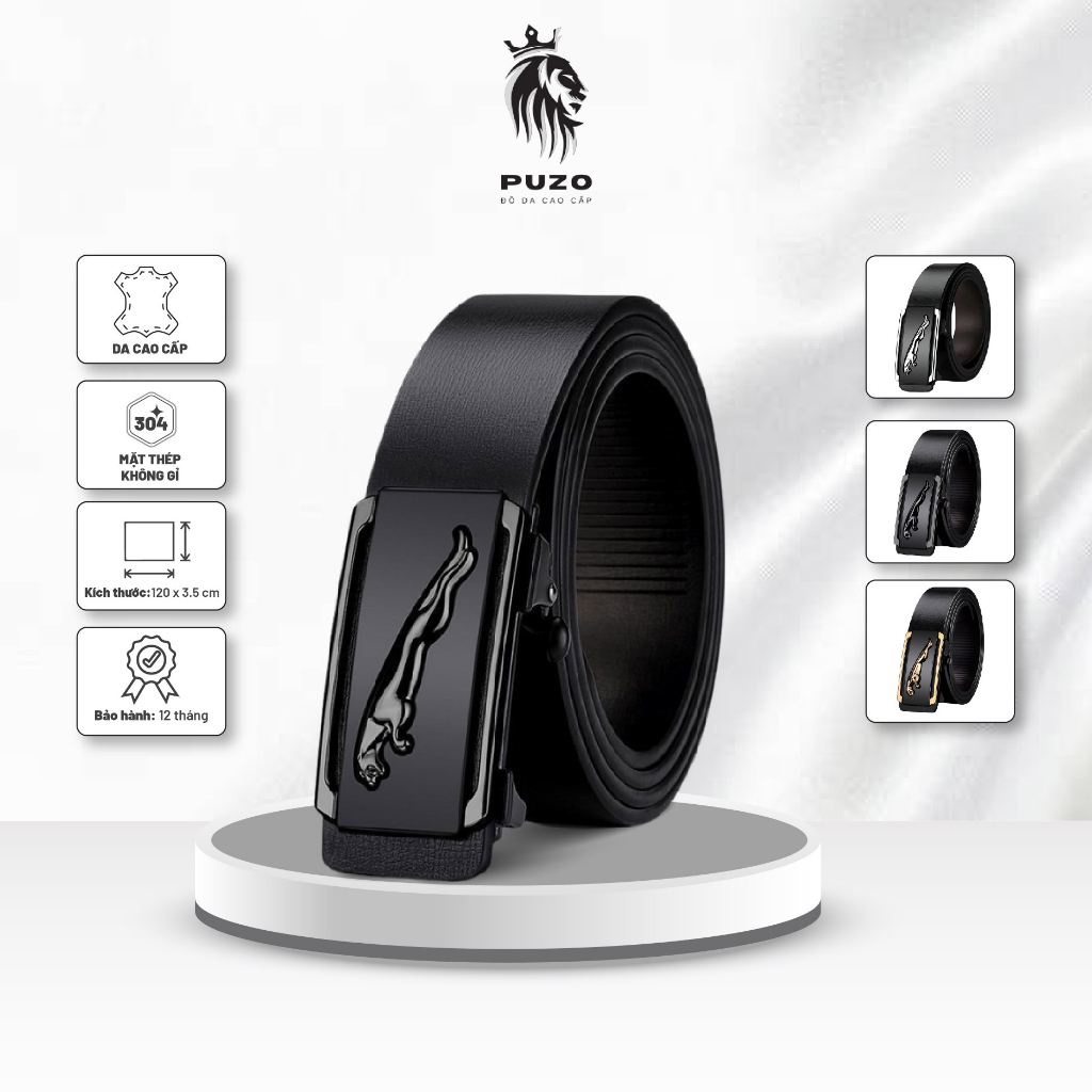 Thắt lưng nam PUZO Da PU cao cấp mặt đen bạc khóa tự động, họa tiết nổi sang trọng siêu bền mã TL08