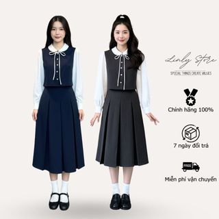  Áo sơ mi thiết kế gile phối tay bồng áo kiểu nữ dáng lửng đính cúc nơ tiểu thư Linly Store A-SM24 