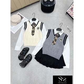 Set áo CHÀ NÊO gile mix áo sơ mi màu đẹp, form chuẩn, hàng sc full tag hãng (áo sơ mi + áo gile len)