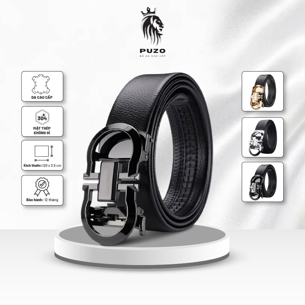 Thắt lưng nam PUZO Da PU cao cấp mặt đen bạc khóa tự động, họa tiết nổi sang trọng siêu bền mã TL14