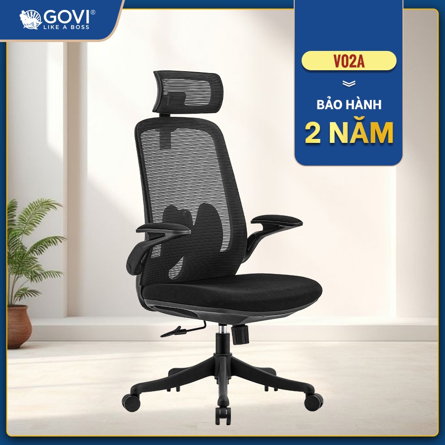 Ghế Xoay Văn Phòng Govi V02A, Bảo Hành Chính Hãng 24 Tháng, Tay Ghế Gấp Gọn, Ben hơi chịu tải 150 kg